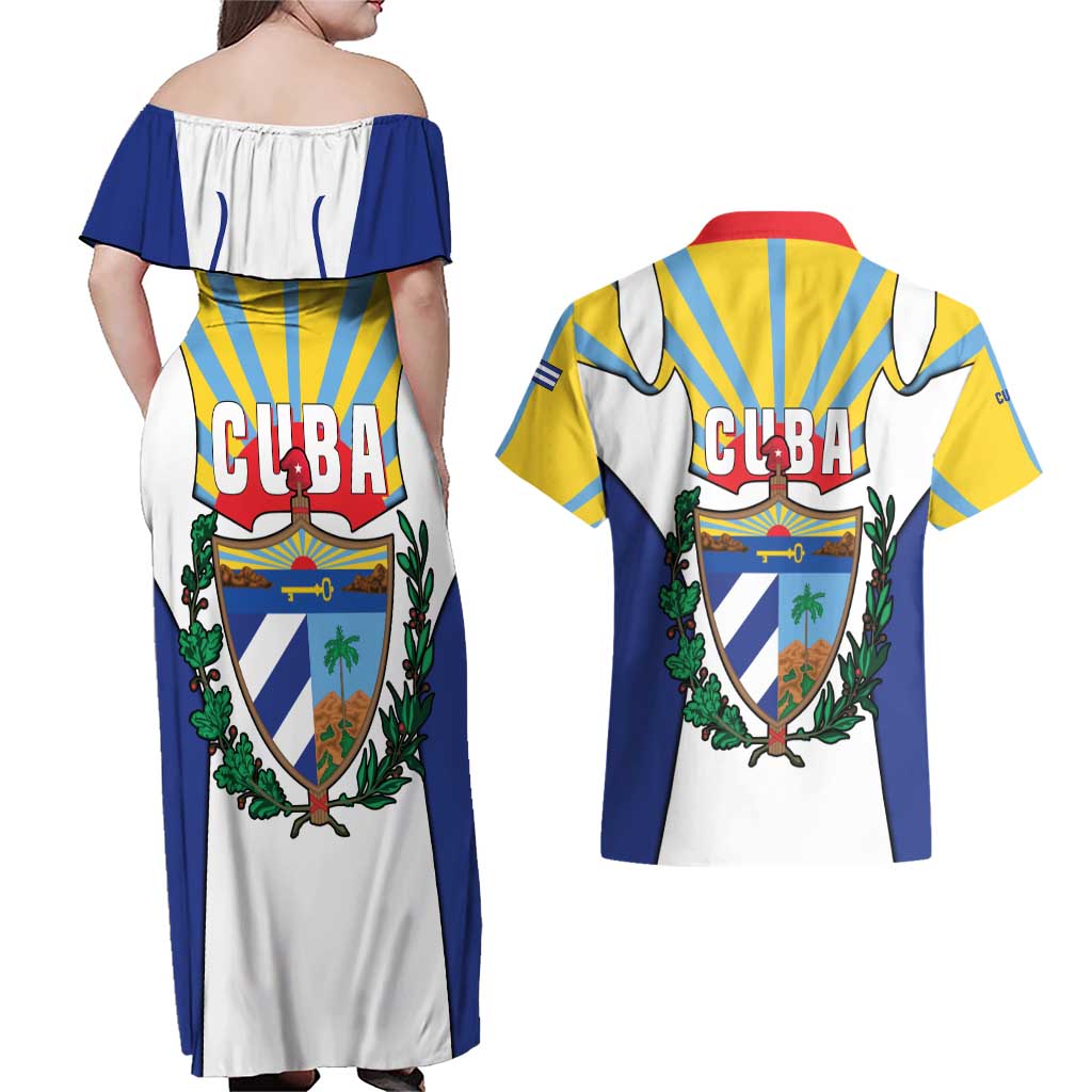 Cuba Coat of Arms Couples Matching Off Shoulder Maxi Dress and Hawaiian Shirt Colorful Cuban Flag Shield with Red Yellow Blue Patriotic Design - Wonder Print Shop