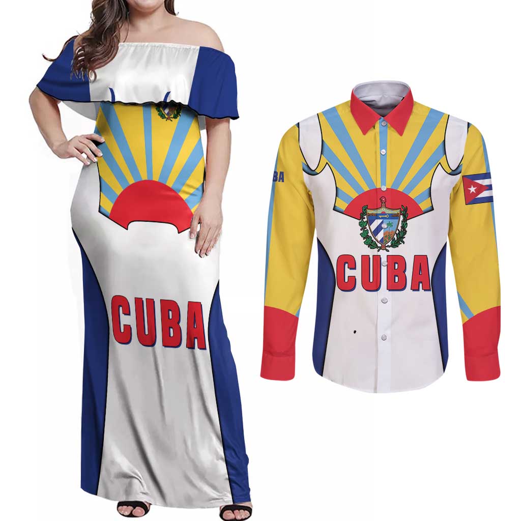 Cuba Coat of Arms Couples Matching Off Shoulder Maxi Dress and Long Sleeve Button Shirt Colorful Cuban Flag Shield with Red Yellow Blue Patriotic Design - Wonder Print Shop