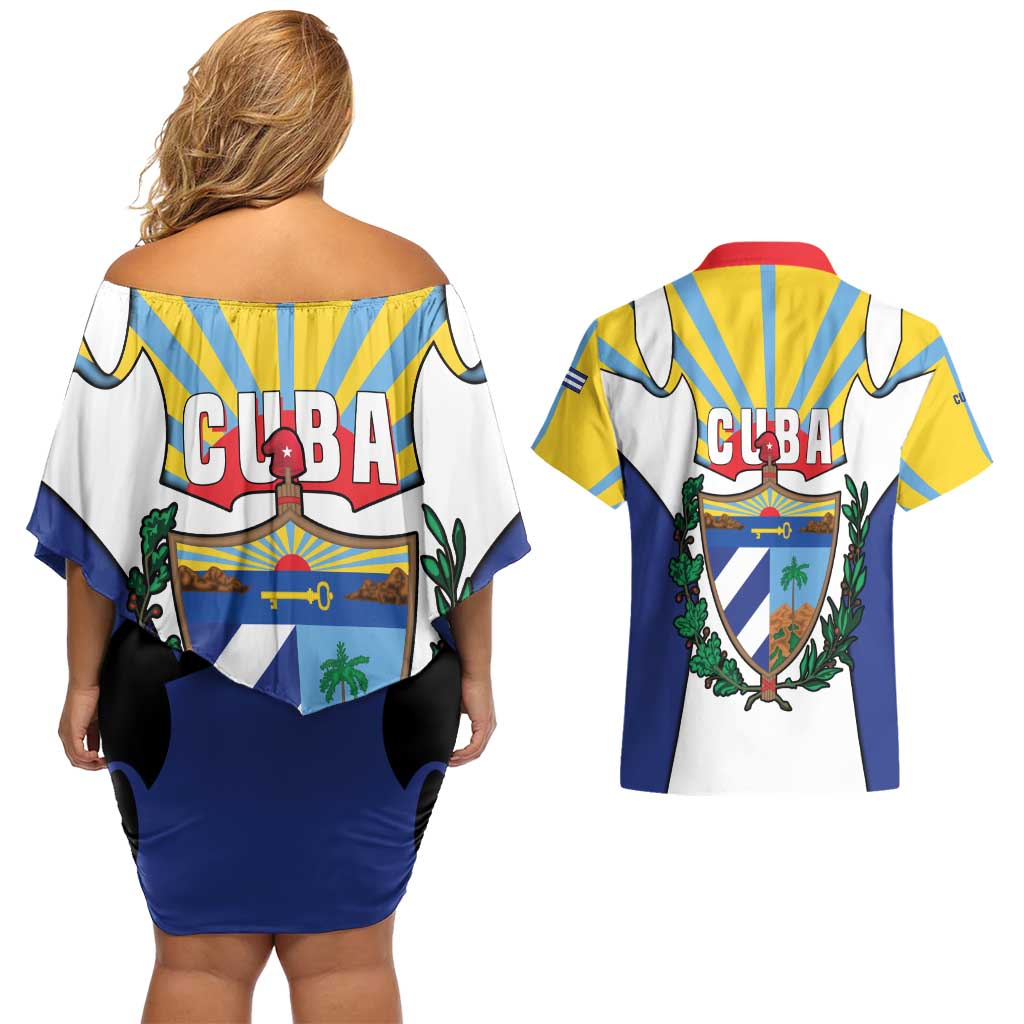 Cuba Coat of Arms Couples Matching Off Shoulder Short Dress and Hawaiian Shirt Colorful Cuban Flag Shield with Red Yellow Blue Patriotic Design - Wonder Print Shop