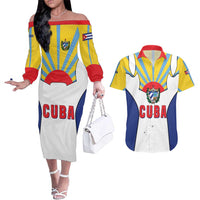 Cuba Coat of Arms Couples Matching Off The Shoulder Long Sleeve Dress and Hawaiian Shirt Colorful Cuban Flag Shield with Red Yellow Blue Patriotic Design - Wonder Print Shop