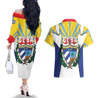 Cuba Coat of Arms Couples Matching Off The Shoulder Long Sleeve Dress and Hawaiian Shirt Colorful Cuban Flag Shield with Red Yellow Blue Patriotic Design - Wonder Print Shop