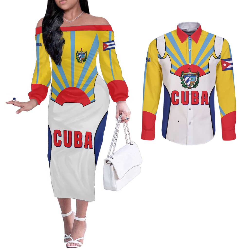 Cuba Coat of Arms Couples Matching Off The Shoulder Long Sleeve Dress and Long Sleeve Button Shirt Colorful Cuban Flag Shield with Red Yellow Blue Patriotic Design - Wonder Print Shop