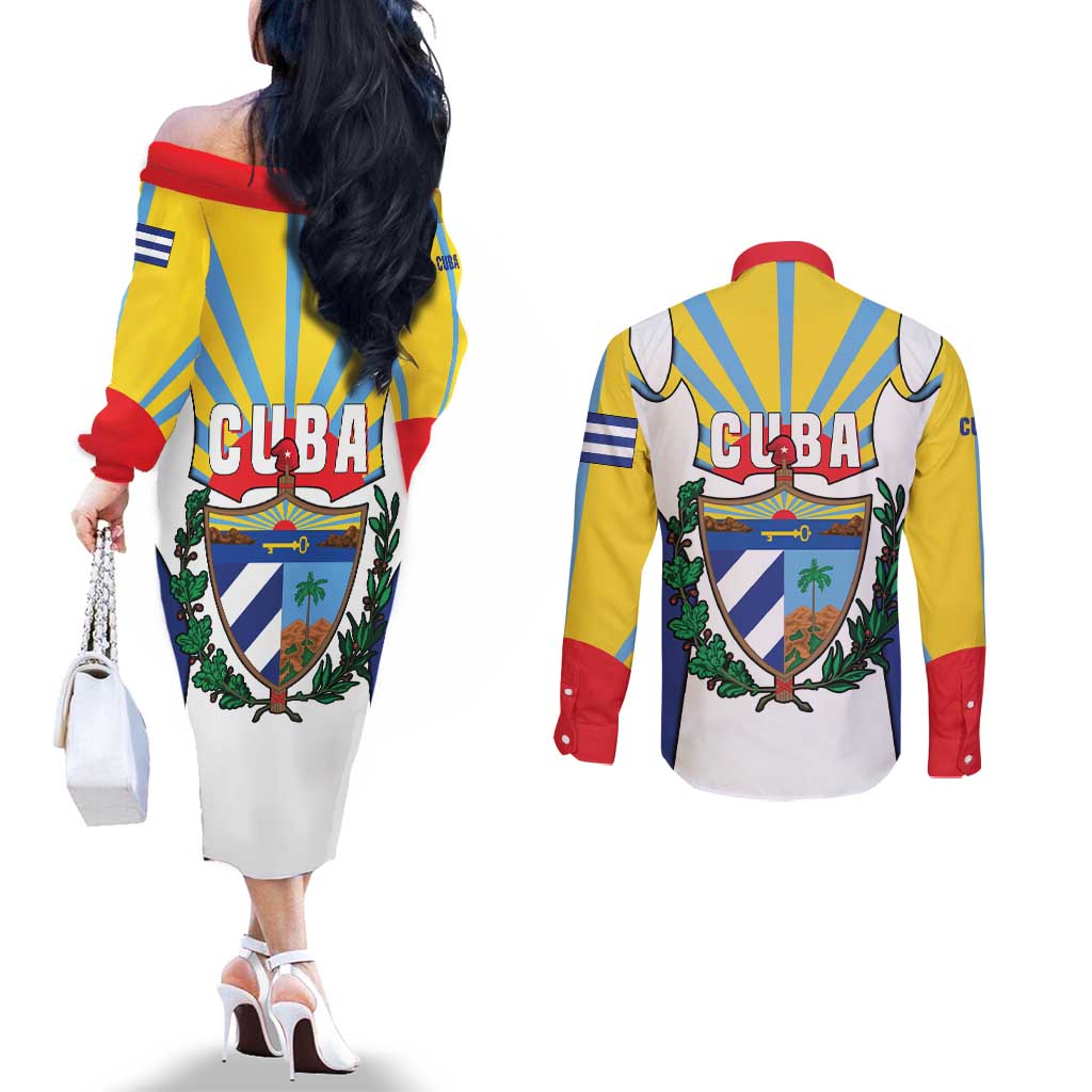 Cuba Coat of Arms Couples Matching Off The Shoulder Long Sleeve Dress and Long Sleeve Button Shirt Colorful Cuban Flag Shield with Red Yellow Blue Patriotic Design - Wonder Print Shop