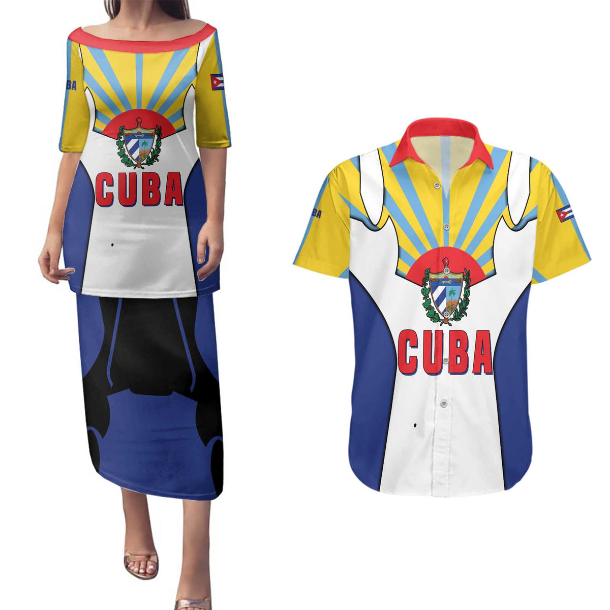 Cuba Coat of Arms Couples Matching Puletasi and Hawaiian Shirt Colorful Cuban Flag Shield with Red Yellow Blue Patriotic Design - Wonder Print Shop