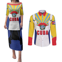 Cuba Coat of Arms Couples Matching Puletasi and Long Sleeve Button Shirt Colorful Cuban Flag Shield with Red Yellow Blue Patriotic Design - Wonder Print Shop