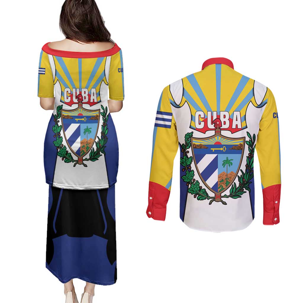 Cuba Coat of Arms Couples Matching Puletasi and Long Sleeve Button Shirt Colorful Cuban Flag Shield with Red Yellow Blue Patriotic Design - Wonder Print Shop