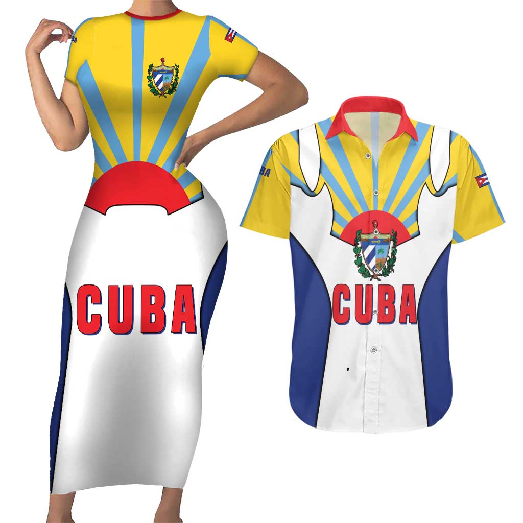Cuba Coat of Arms Couples Matching Short Sleeve Bodycon Dress and Hawaiian Shirt Colorful Cuban Flag Shield with Red Yellow Blue Patriotic Design - Wonder Print Shop