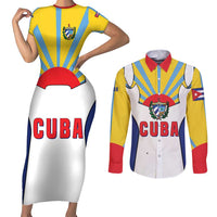 Cuba Coat of Arms Couples Matching Short Sleeve Bodycon Dress and Long Sleeve Button Shirt Colorful Cuban Flag Shield with Red Yellow Blue Patriotic Design - Wonder Print Shop