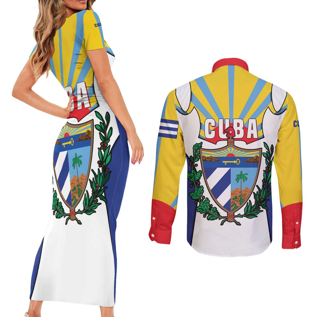 Cuba Coat of Arms Couples Matching Short Sleeve Bodycon Dress and Long Sleeve Button Shirt Colorful Cuban Flag Shield with Red Yellow Blue Patriotic Design - Wonder Print Shop