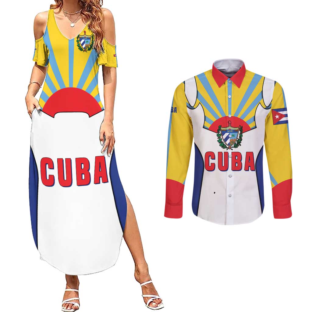 Cuba Coat of Arms Couples Matching Summer Maxi Dress and Long Sleeve Button Shirt Colorful Cuban Flag Shield with Red Yellow Blue Patriotic Design - Wonder Print Shop