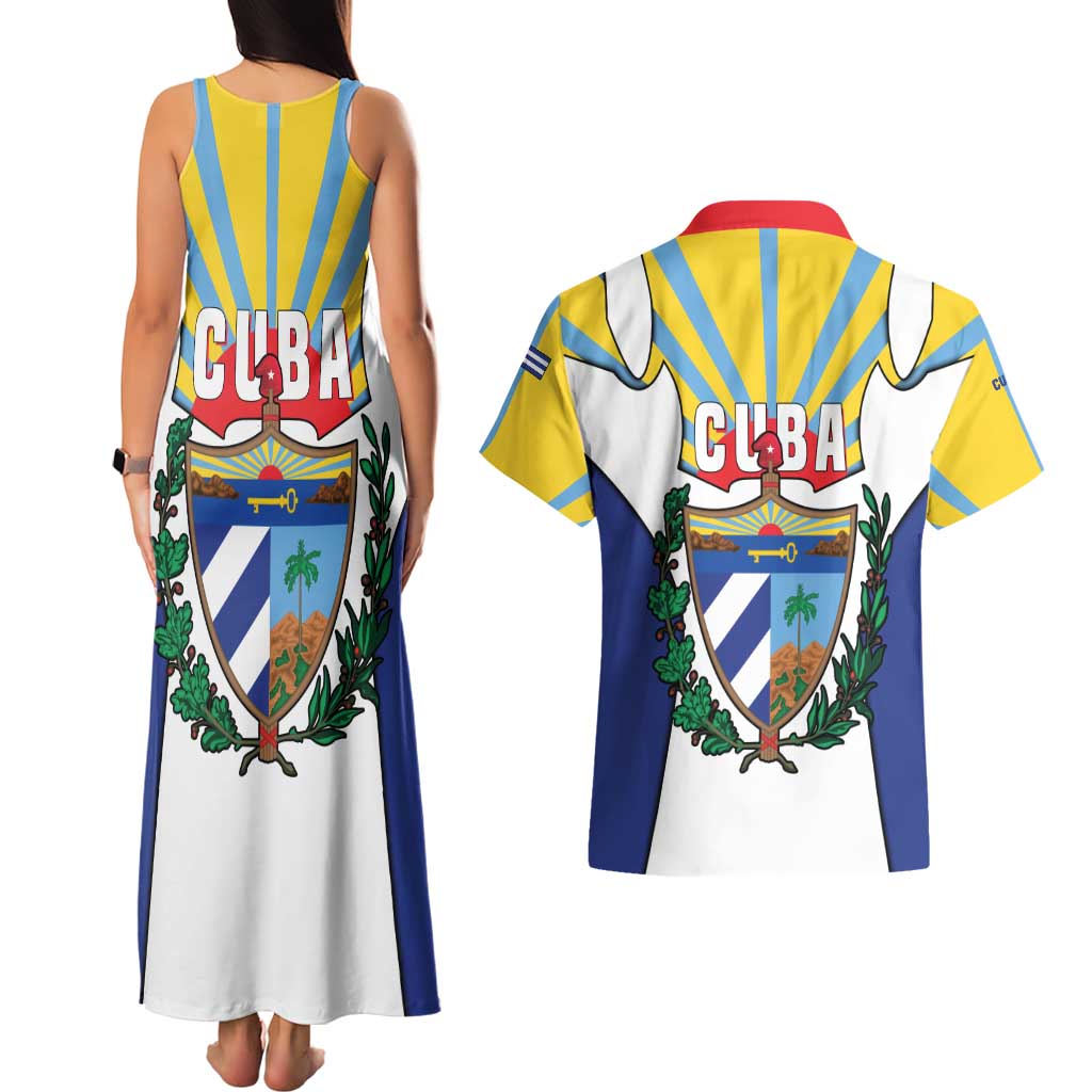 Cuba Coat of Arms Couples Matching Tank Maxi Dress and Hawaiian Shirt Colorful Cuban Flag Shield with Red Yellow Blue Patriotic Design - Wonder Print Shop