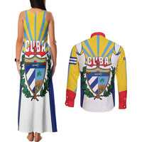 Cuba Coat of Arms Couples Matching Tank Maxi Dress and Long Sleeve Button Shirt Colorful Cuban Flag Shield with Red Yellow Blue Patriotic Design - Wonder Print Shop