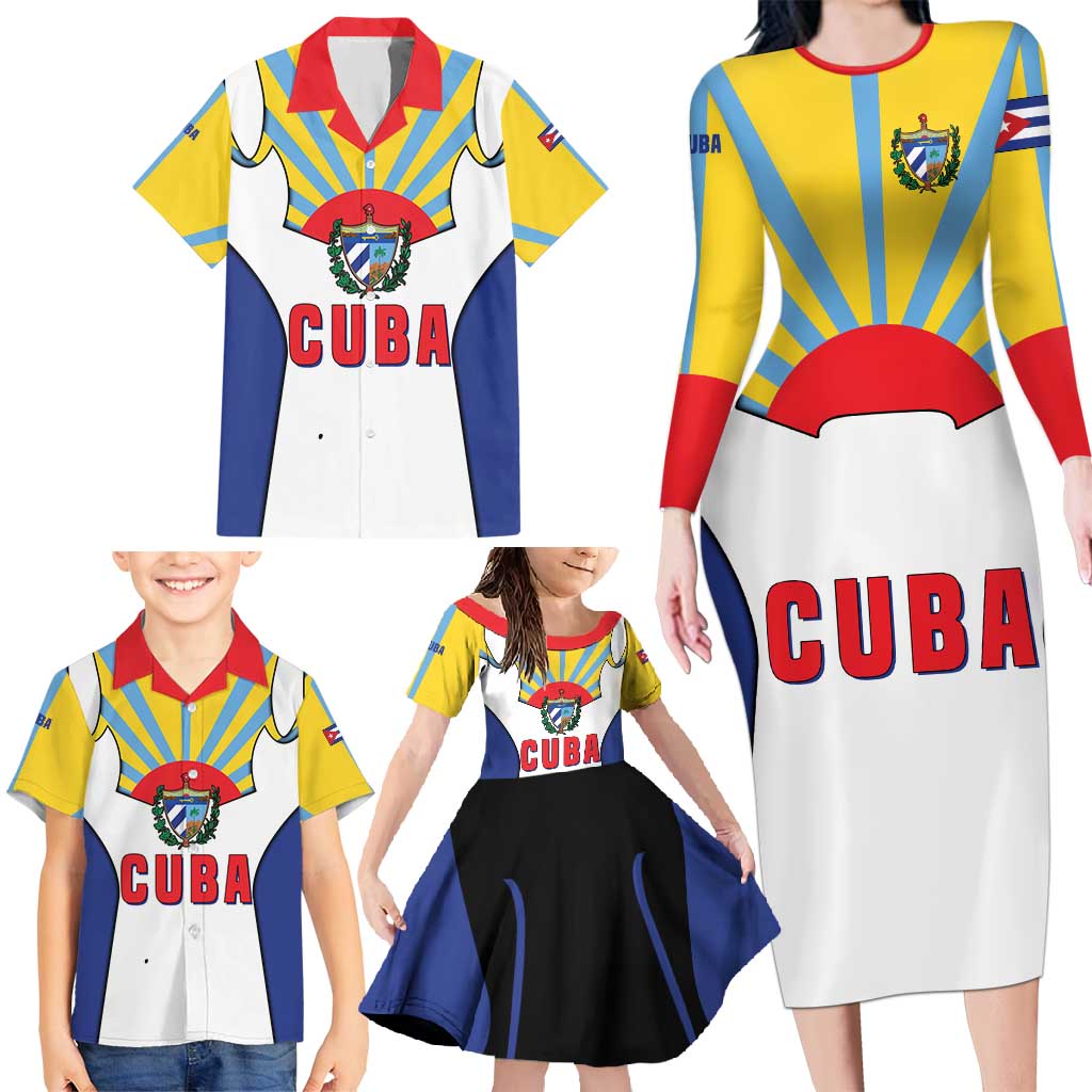 Cuba Coat of Arms Family Matching Long Sleeve Bodycon Dress and Hawaiian Shirt Colorful Cuban Flag Shield with Red Yellow Blue Patriotic Design - Wonder Print Shop