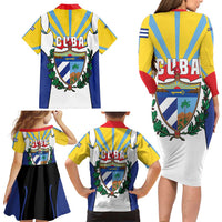 Cuba Coat of Arms Family Matching Long Sleeve Bodycon Dress and Hawaiian Shirt Colorful Cuban Flag Shield with Red Yellow Blue Patriotic Design - Wonder Print Shop