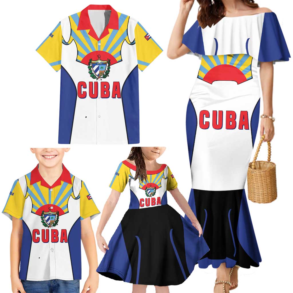 Cuba Coat of Arms Family Matching Mermaid Dress and Hawaiian Shirt Colorful Cuban Flag Shield with Red Yellow Blue Patriotic Design - Wonder Print Shop