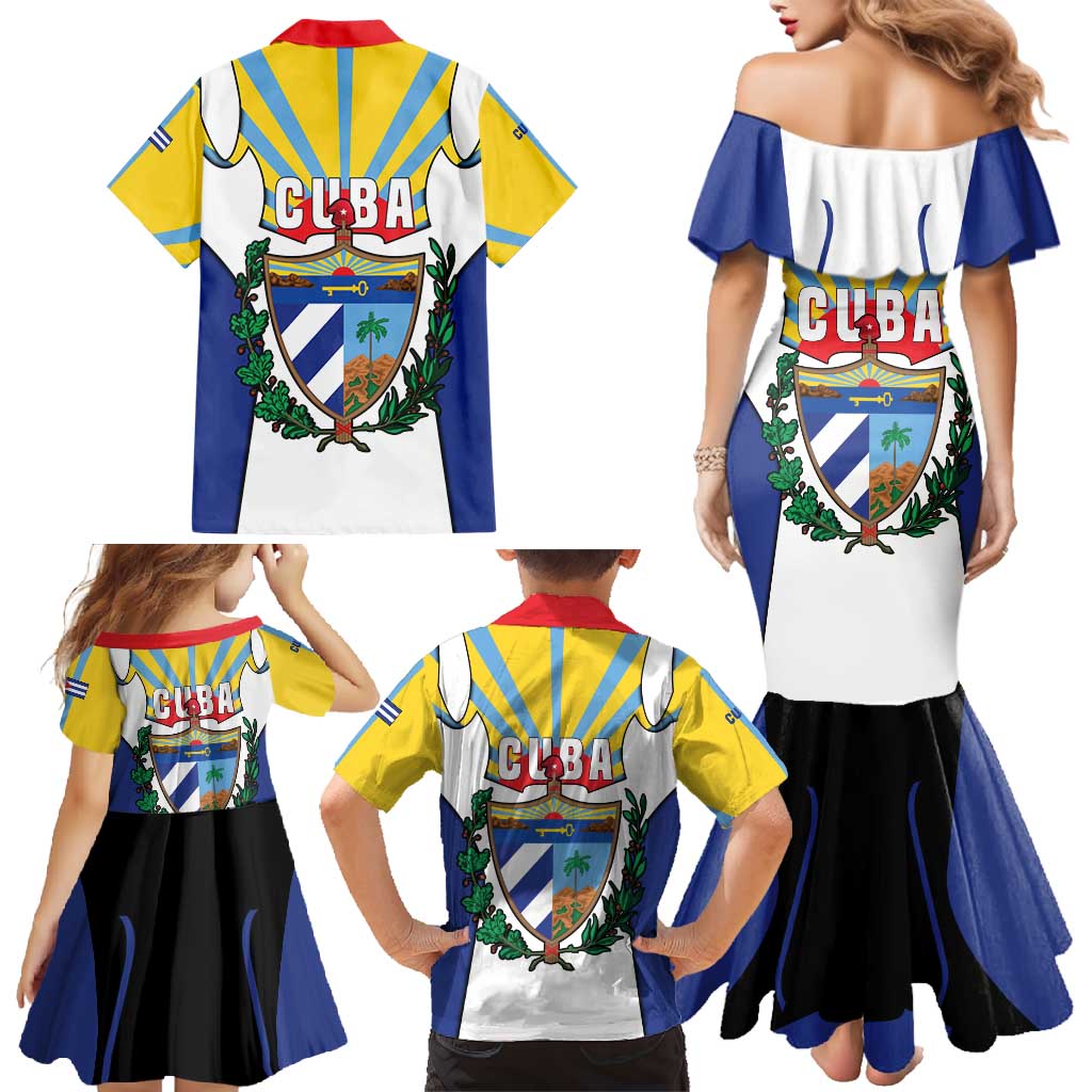 Cuba Coat of Arms Family Matching Mermaid Dress and Hawaiian Shirt Colorful Cuban Flag Shield with Red Yellow Blue Patriotic Design - Wonder Print Shop