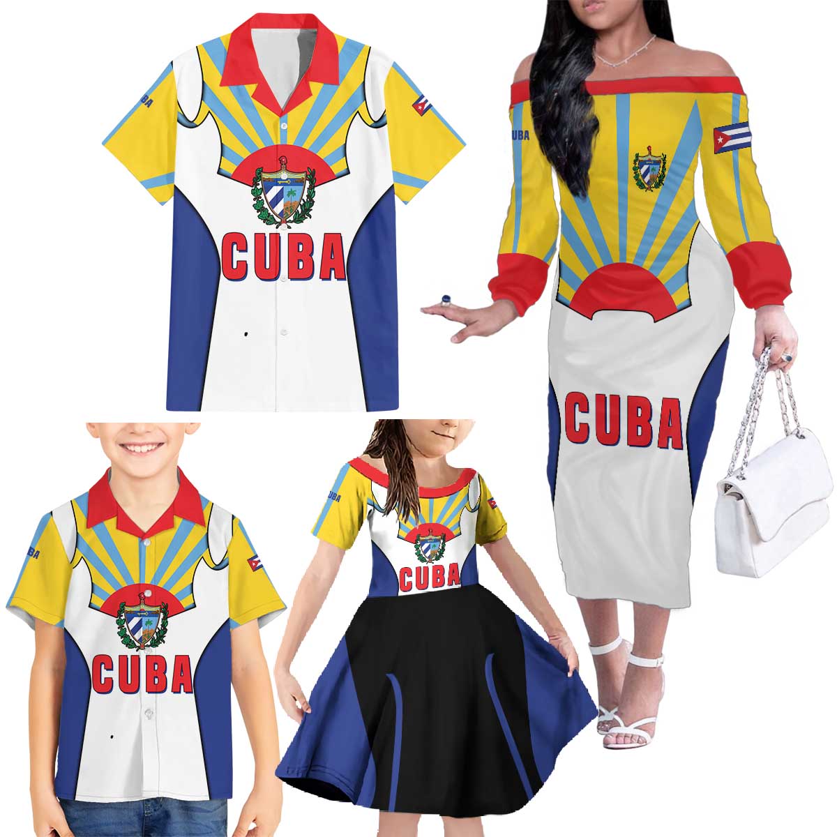 Cuba Coat of Arms Family Matching Off The Shoulder Long Sleeve Dress and Hawaiian Shirt Colorful Cuban Flag Shield with Red Yellow Blue Patriotic Design - Wonder Print Shop