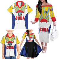 Cuba Coat of Arms Family Matching Off The Shoulder Long Sleeve Dress and Hawaiian Shirt Colorful Cuban Flag Shield with Red Yellow Blue Patriotic Design - Wonder Print Shop