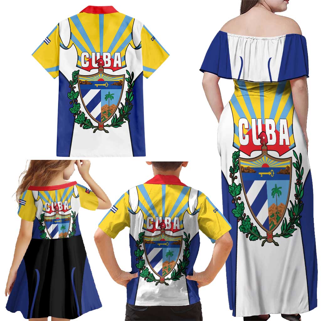 Cuba Coat of Arms Family Matching Off Shoulder Maxi Dress and Hawaiian Shirt Colorful Cuban Flag Shield with Red Yellow Blue Patriotic Design - Wonder Print Shop