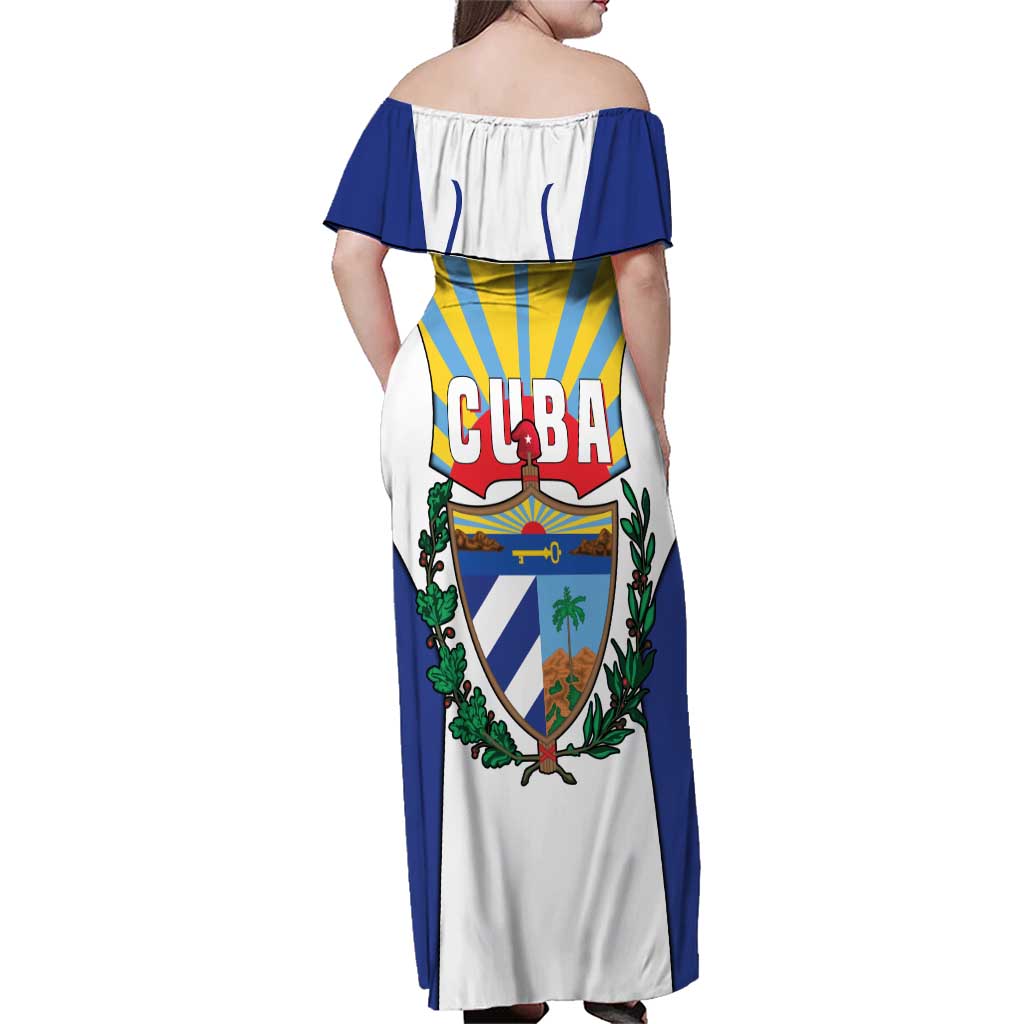Cuba Coat of Arms Family Matching Off Shoulder Maxi Dress and Hawaiian Shirt Colorful Cuban Flag Shield with Red Yellow Blue Patriotic Design - Wonder Print Shop