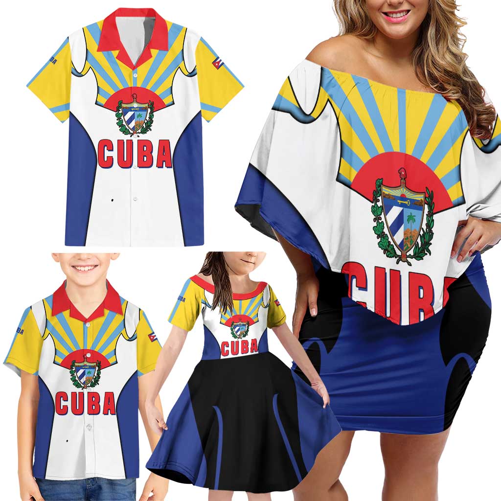 Cuba Coat of Arms Family Matching Off Shoulder Short Dress and Hawaiian Shirt Colorful Cuban Flag Shield with Red Yellow Blue Patriotic Design - Wonder Print Shop