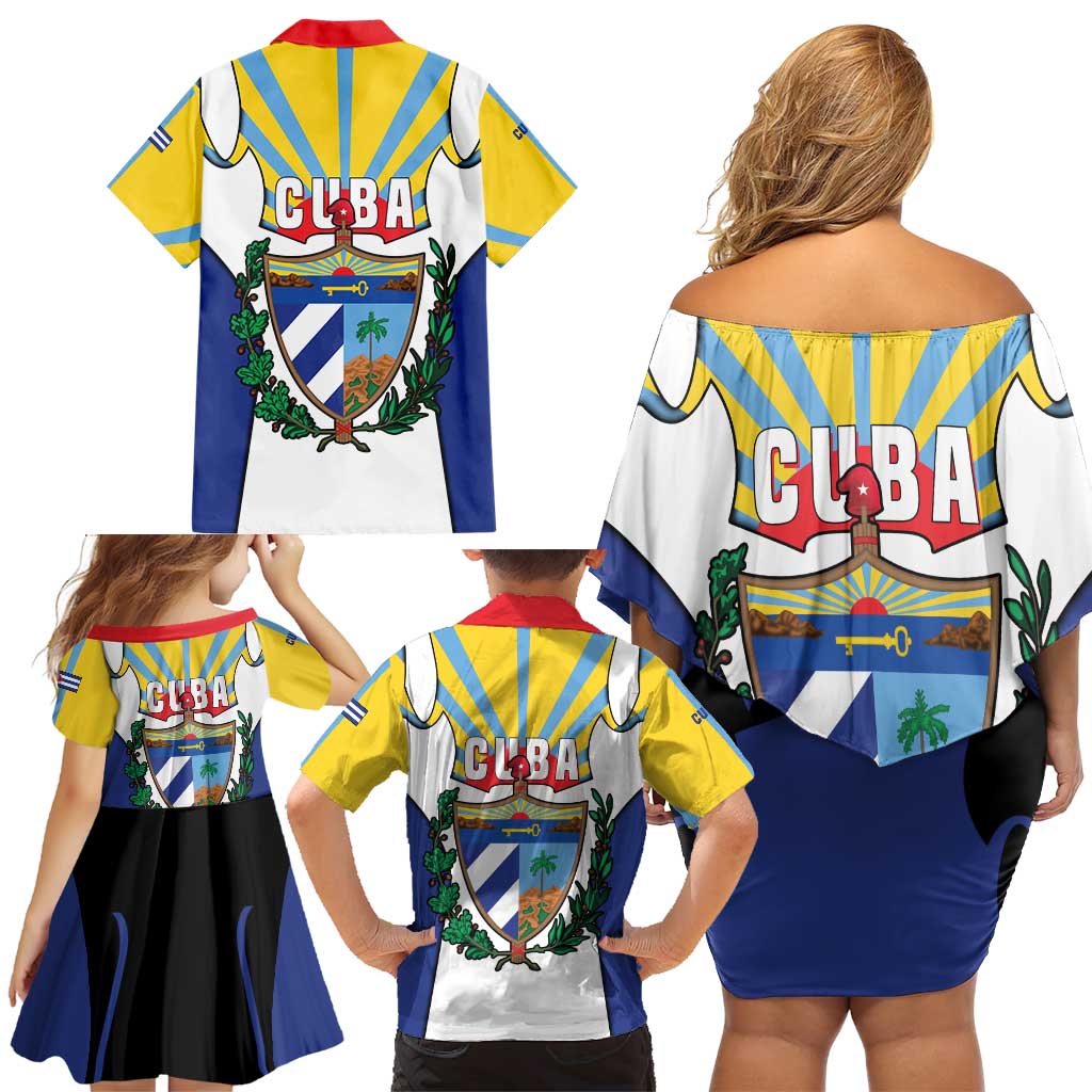 Cuba Coat of Arms Family Matching Off Shoulder Short Dress and Hawaiian Shirt Colorful Cuban Flag Shield with Red Yellow Blue Patriotic Design - Wonder Print Shop