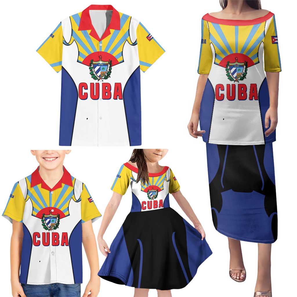 Cuba Coat of Arms Family Matching Puletasi and Hawaiian Shirt Colorful Cuban Flag Shield with Red Yellow Blue Patriotic Design - Wonder Print Shop