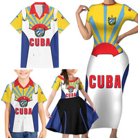 Cuba Coat of Arms Family Matching Short Sleeve Bodycon Dress and Hawaiian Shirt Colorful Cuban Flag Shield with Red Yellow Blue Patriotic Design - Wonder Print Shop