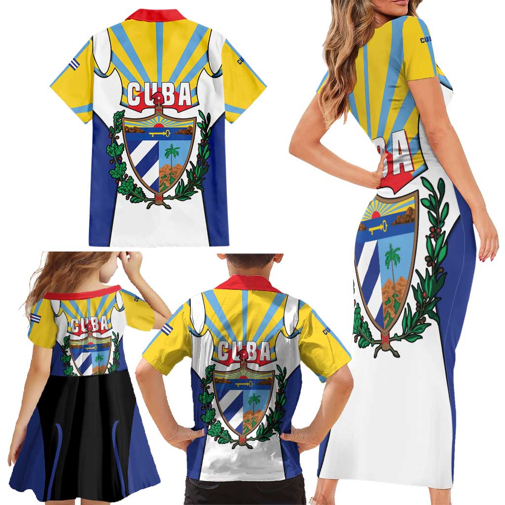 Cuba Coat of Arms Family Matching Short Sleeve Bodycon Dress and Hawaiian Shirt Colorful Cuban Flag Shield with Red Yellow Blue Patriotic Design - Wonder Print Shop
