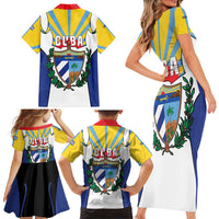 Cuba Coat of Arms Family Matching Short Sleeve Bodycon Dress and Hawaiian Shirt Colorful Cuban Flag Shield with Red Yellow Blue Patriotic Design - Wonder Print Shop