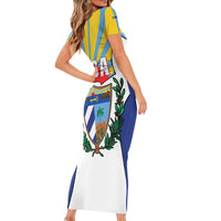 Cuba Coat of Arms Family Matching Short Sleeve Bodycon Dress and Hawaiian Shirt Colorful Cuban Flag Shield with Red Yellow Blue Patriotic Design - Wonder Print Shop