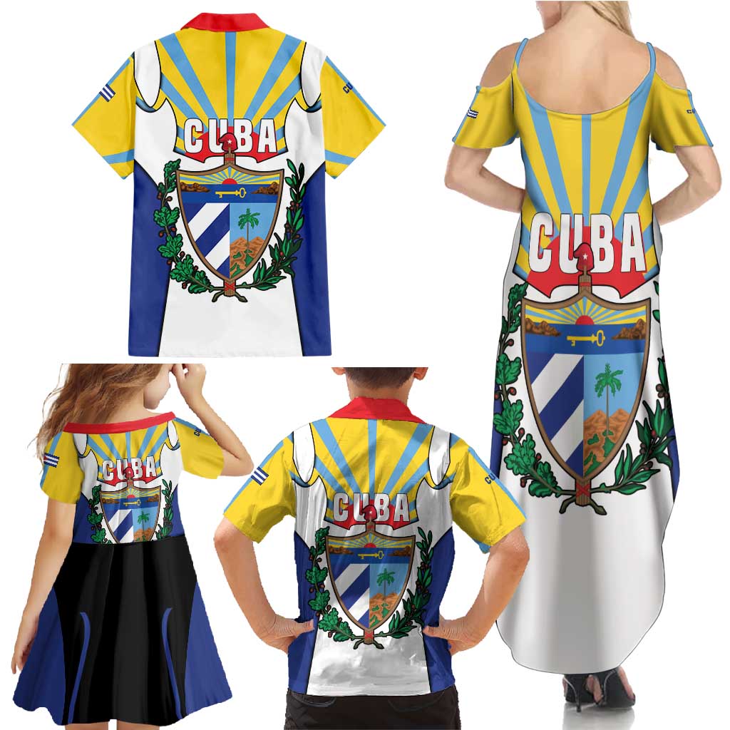 Cuba Coat of Arms Family Matching Summer Maxi Dress and Hawaiian Shirt Colorful Cuban Flag Shield with Red Yellow Blue Patriotic Design - Wonder Print Shop