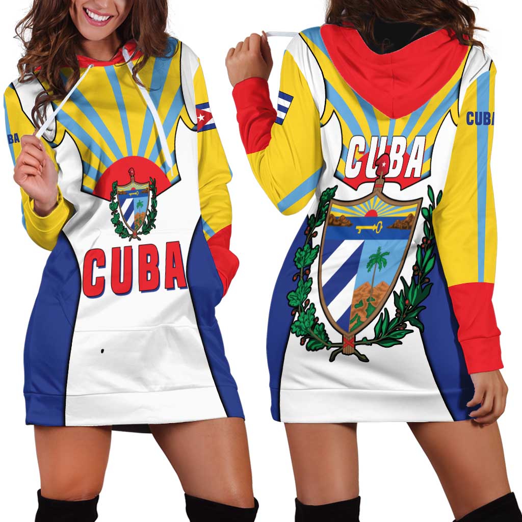 Cuba Coat of Arms Hoodie Dress Colorful Cuban Flag Shield with Red Yellow Blue Patriotic Design - Wonder Print Shop