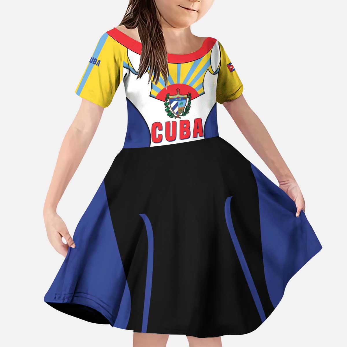 Cuba Coat of Arms Kid Short Sleeve Dress Colorful Cuban Flag Shield with Red Yellow Blue Patriotic Design - Wonder Print Shop