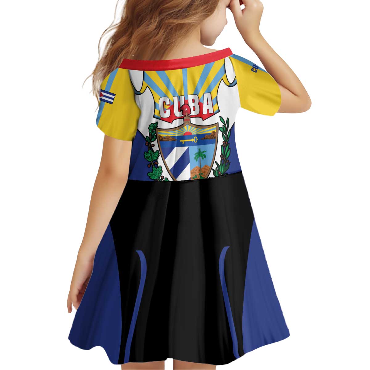 Cuba Coat of Arms Kid Short Sleeve Dress Colorful Cuban Flag Shield with Red Yellow Blue Patriotic Design - Wonder Print Shop