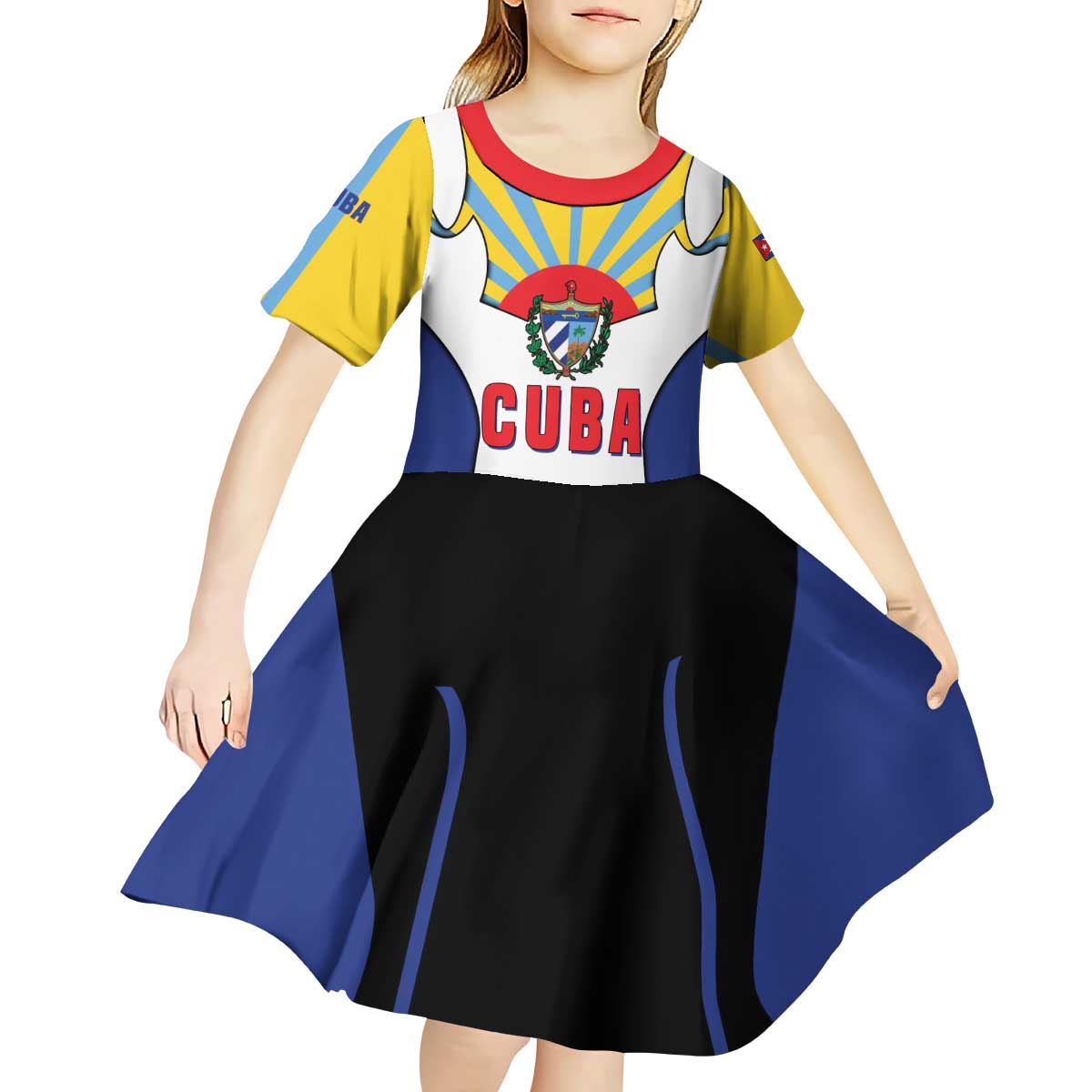 Cuba Coat of Arms Kid Short Sleeve Dress Colorful Cuban Flag Shield with Red Yellow Blue Patriotic Design - Wonder Print Shop
