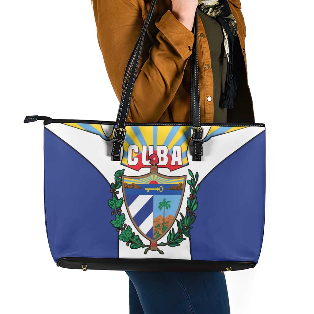 Cuba Coat of Arms Leather Tote Bag Colorful Cuban Flag Shield with Red Yellow Blue Patriotic Design - Wonder Print Shop