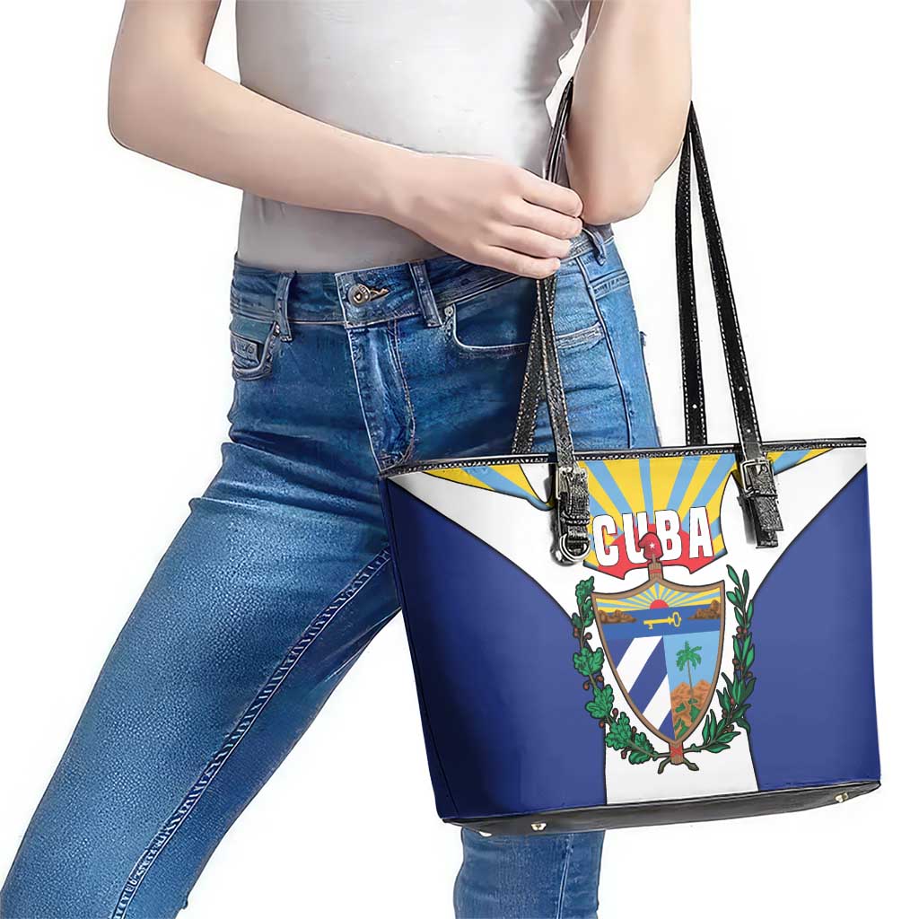 Cuba Coat of Arms Leather Tote Bag Colorful Cuban Flag Shield with Red Yellow Blue Patriotic Design - Wonder Print Shop