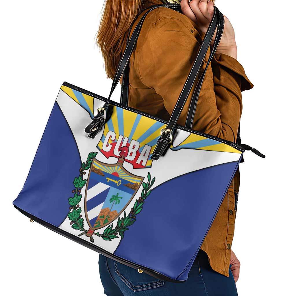 Cuba Coat of Arms Leather Tote Bag Colorful Cuban Flag Shield with Red Yellow Blue Patriotic Design - Wonder Print Shop