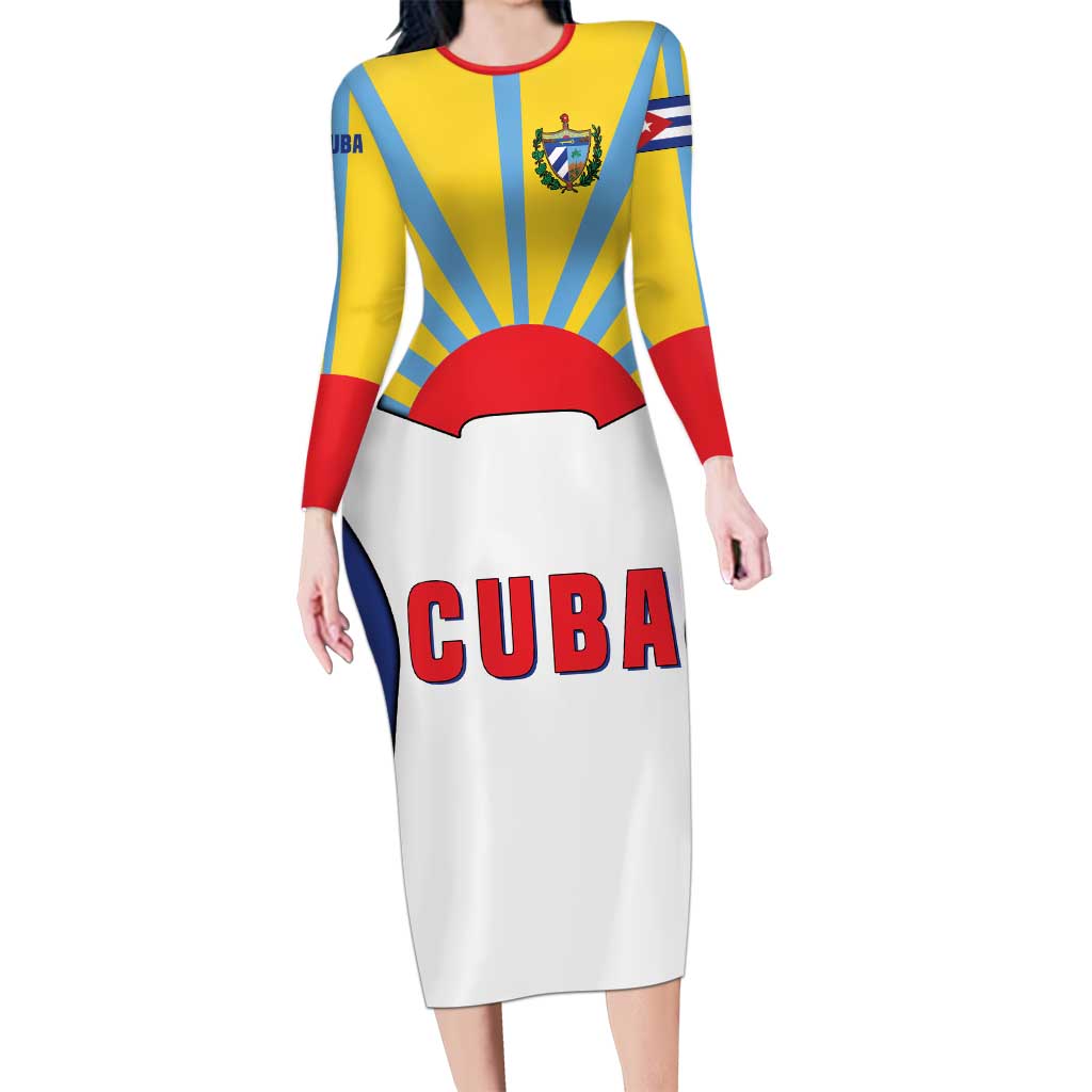 Cuba Coat of Arms Long Sleeve Bodycon Dress Colorful Cuban Flag Shield with Red Yellow Blue Patriotic Design - Wonder Print Shop