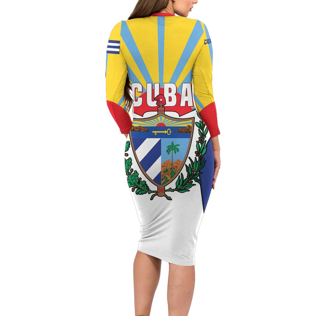Cuba Coat of Arms Long Sleeve Bodycon Dress Colorful Cuban Flag Shield with Red Yellow Blue Patriotic Design - Wonder Print Shop