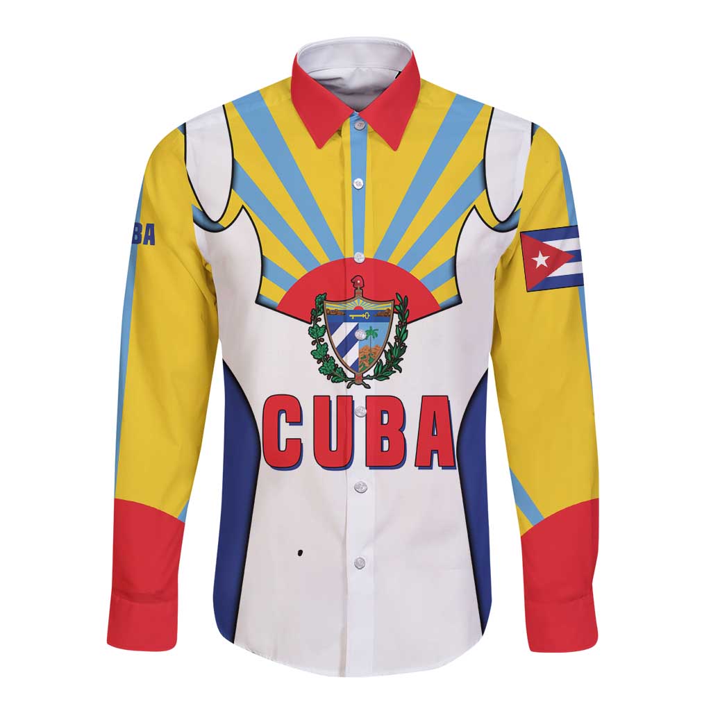 Cuba Coat of Arms Long Sleeve Button Shirt Colorful Cuban Flag Shield with Red Yellow Blue Patriotic Design - Wonder Print Shop