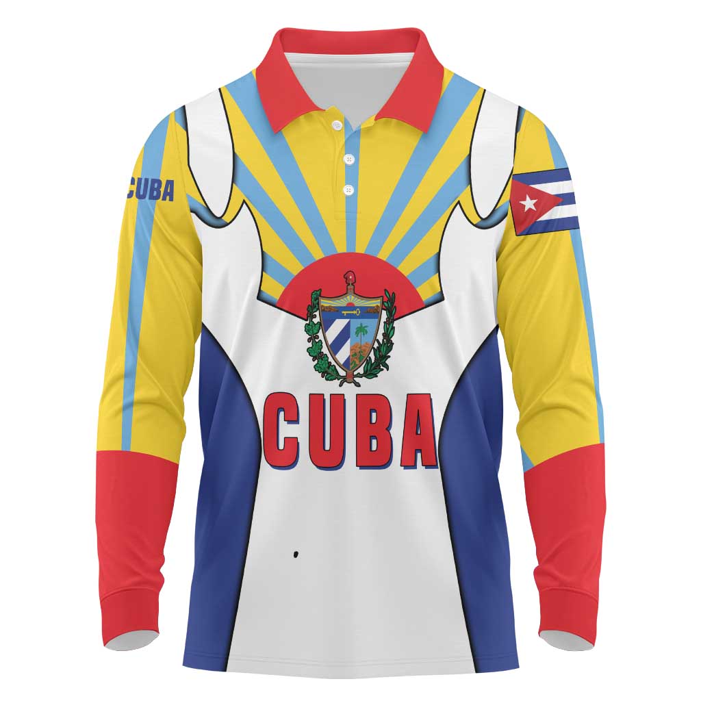 Cuba Coat of Arms Long Sleeve Polo Shirt Colorful Cuban Flag Shield with Red Yellow Blue Patriotic Design - Wonder Print Shop