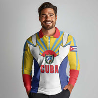 Cuba Coat of Arms Long Sleeve Polo Shirt Colorful Cuban Flag Shield with Red Yellow Blue Patriotic Design - Wonder Print Shop