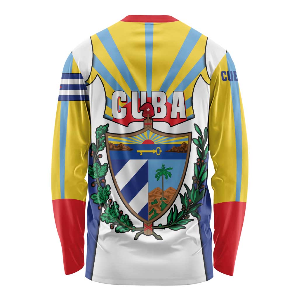 Cuba Coat of Arms Long Sleeve Shirt Colorful Cuban Flag Shield with Red Yellow Blue Patriotic Design - Wonder Print Shop