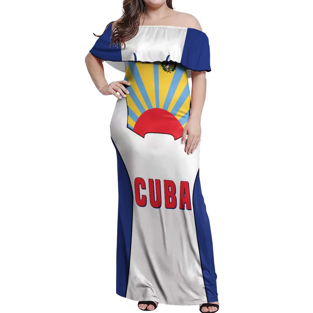 Cuba Coat of Arms Off Shoulder Maxi Dress Colorful Cuban Flag Shield with Red Yellow Blue Patriotic Design - Wonder Print Shop