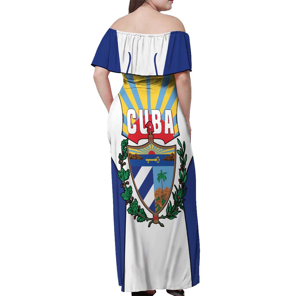 Cuba Coat of Arms Off Shoulder Maxi Dress Colorful Cuban Flag Shield with Red Yellow Blue Patriotic Design - Wonder Print Shop