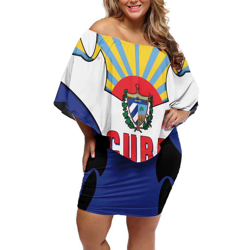 Cuba Coat of Arms Off Shoulder Short Dress Colorful Cuban Flag Shield with Red Yellow Blue Patriotic Design - Wonder Print Shop