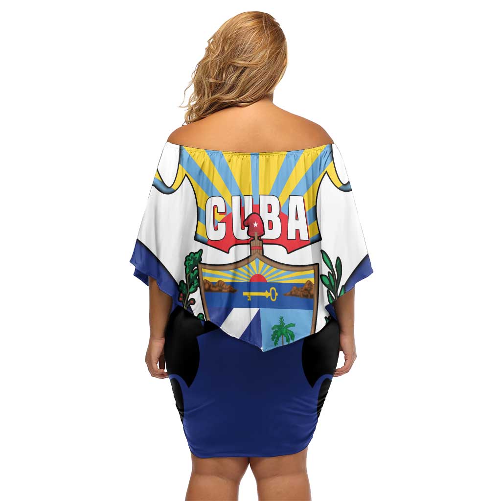 Cuba Coat of Arms Off Shoulder Short Dress Colorful Cuban Flag Shield with Red Yellow Blue Patriotic Design - Wonder Print Shop