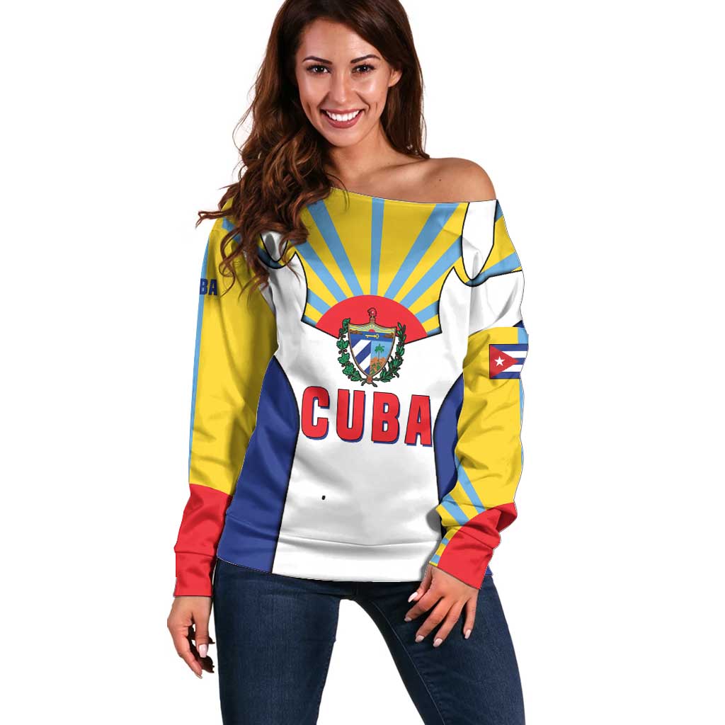 Cuba Coat of Arms Off Shoulder Sweater Colorful Cuban Flag Shield with Red Yellow Blue Patriotic Design - Wonder Print Shop
